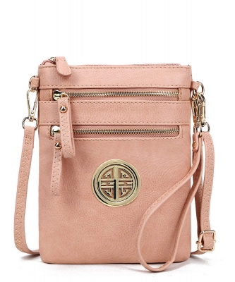 Women's Rich Faux Leather Organizer Multi Zipper Pockets Crossbody Bag WU002L RPINK